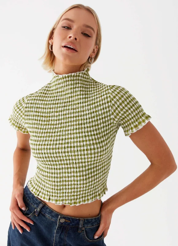 Women's Long Sleeve T-Shirts-Cleo Tee - Khaki Gingham