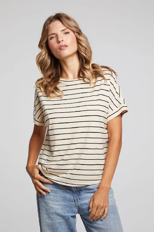 Women's Chain Detail T-Shirts-Amber Black and Sand Stripe Tee