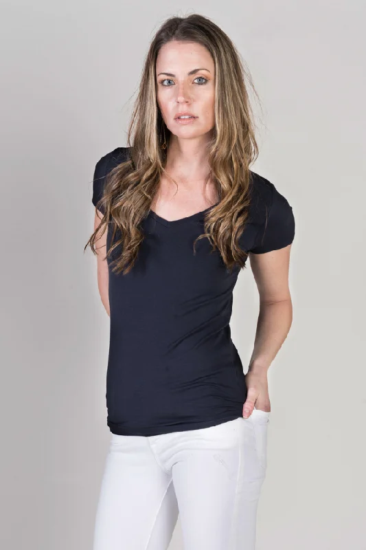 Women's Slub T-Shirts-Majestic Short Sleeve V-Neck Tee in Marine/navy