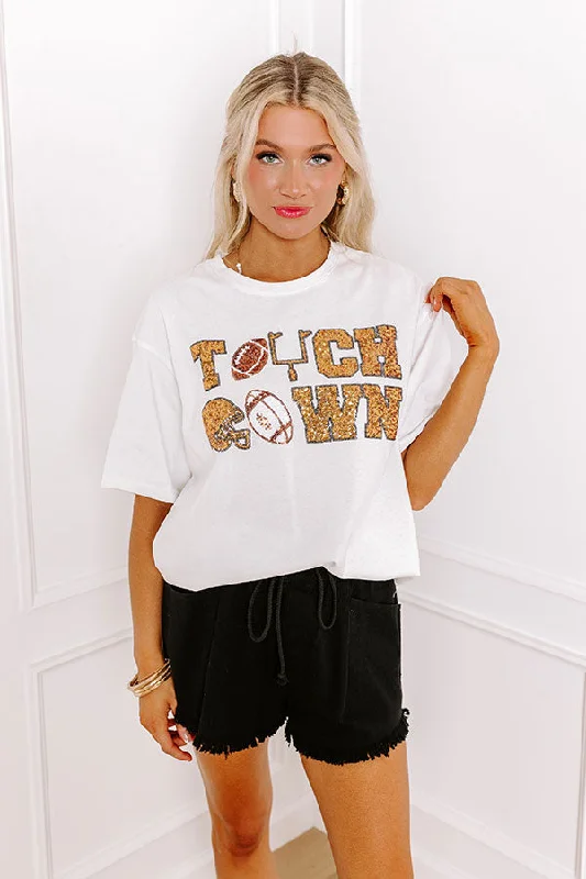 Women's Bow Sleeve T-Shirts-The Final Touch Down Sequin Oversized Tee in White