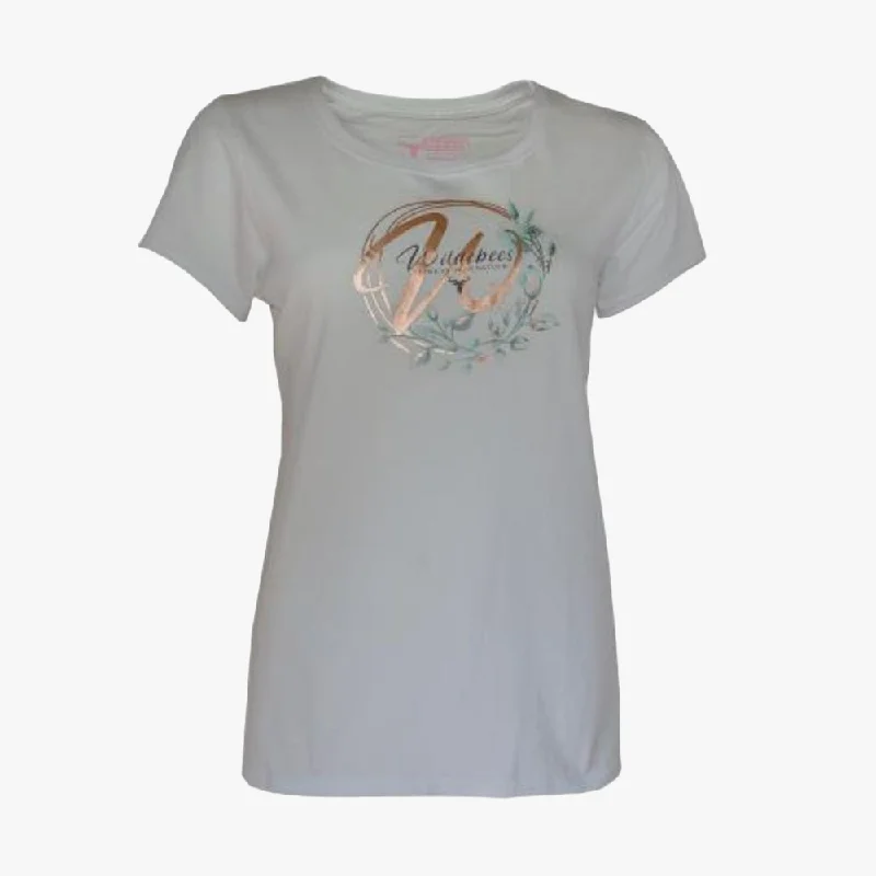 Women's Distressed T-Shirts-Wildebees Womens Foil Short Sleeve Tee White