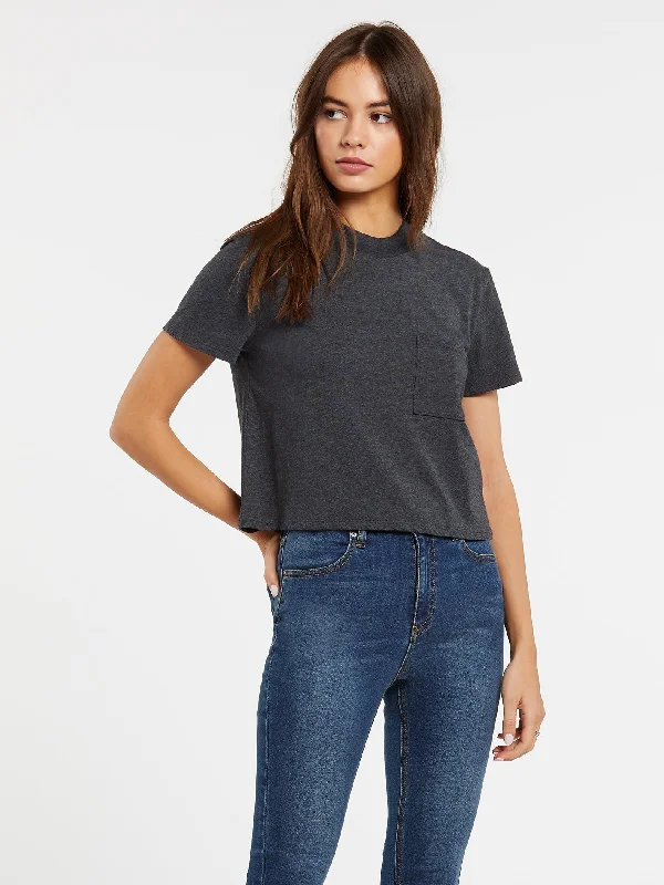 Women's Acid Wash T-Shirts-Pocket Stone Short Sleeve Tee - Heather Black