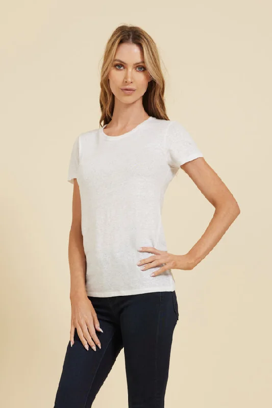 Women's Spring T-Shirts-Majestic Linen Short Sleeve Crew Tee in Blanc