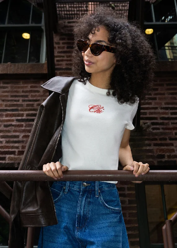 Women's Seamless T-Shirts-Chi Script Baby Tee - White & Red