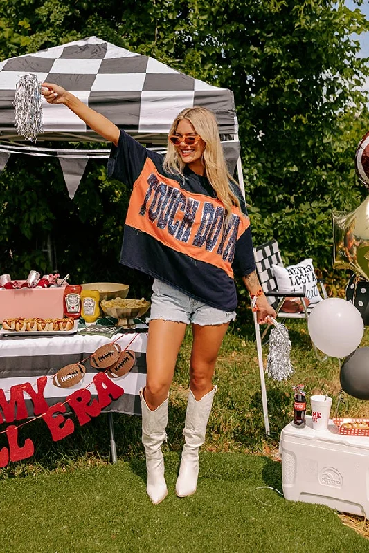 Women's Animal Print T-Shirts-It's a Touch Down Sequin Oversized Tee in Navy/Orange