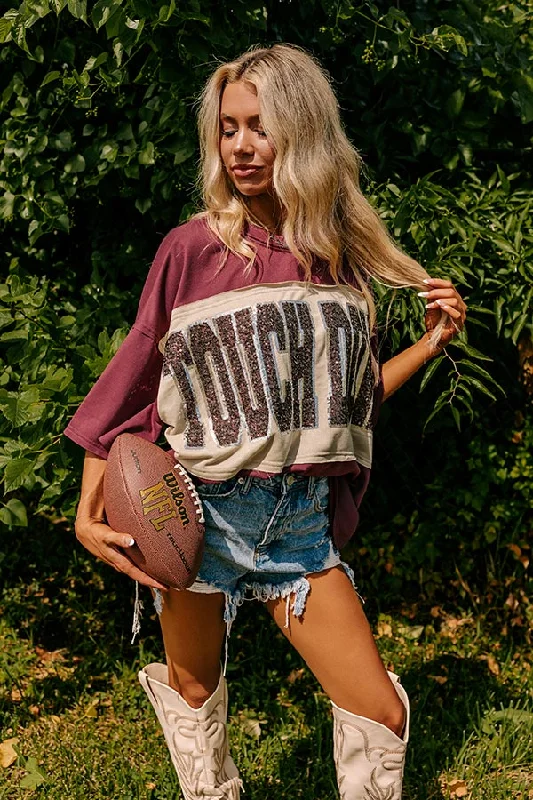 Women's Athletic Fit T-Shirts-It's a Touch Down Sequin Oversized Tee in Garnet