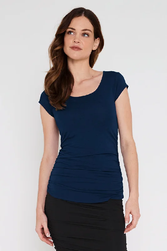 Women's Crew Neck T-Shirts-Ruched Maternity Tee - Navy