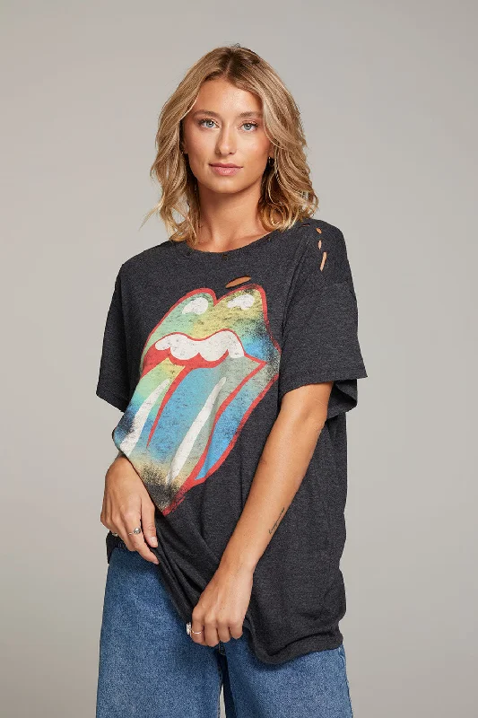 Women's Scalloped Hem T-Shirts-Rolling Stones Classic Logo Distressed Tee