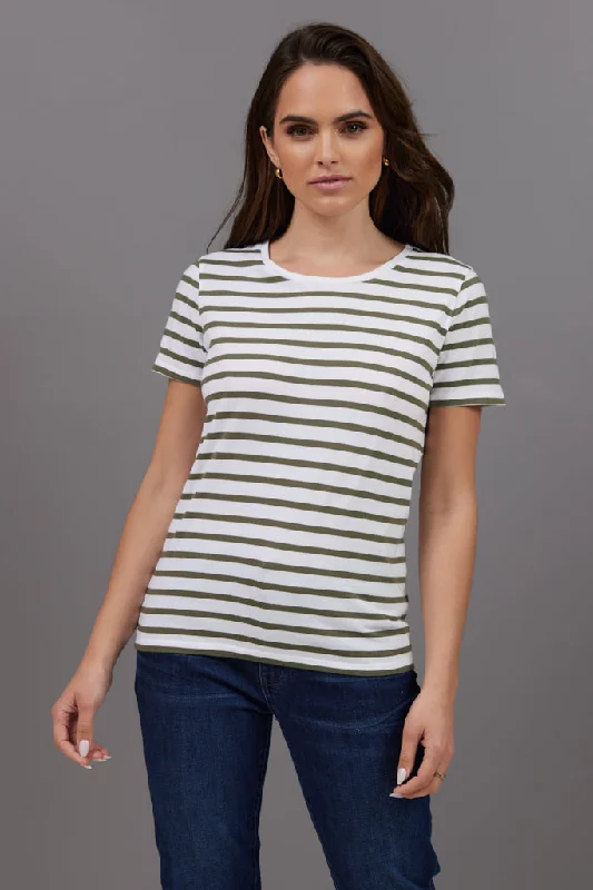 Women's Stud Detail T-Shirts-Majestic Short Sleeve Striped Crewneck Tee in Kaki Army