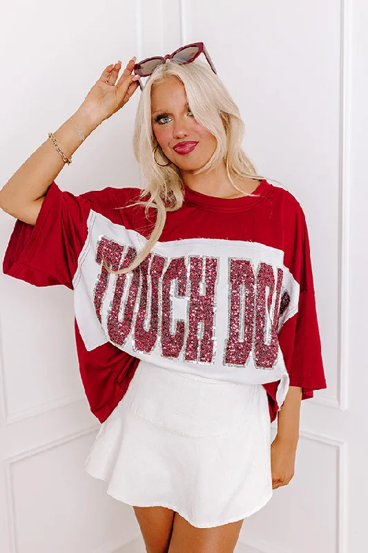 Women's Cap Sleeve T-Shirts-It's a Touch Down Sequin Oversized Tee in Red