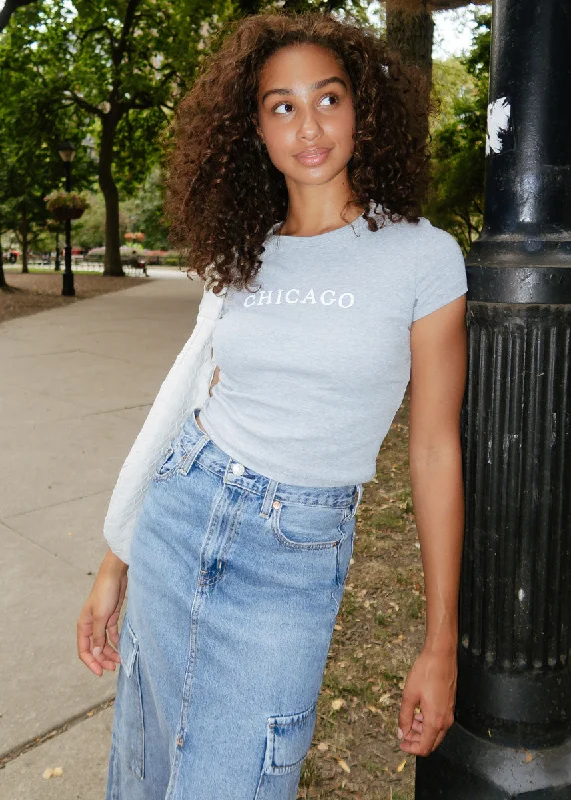 Women's Short Sleeve T-Shirts-Chicago Baby Tee - Athletic Heather & White