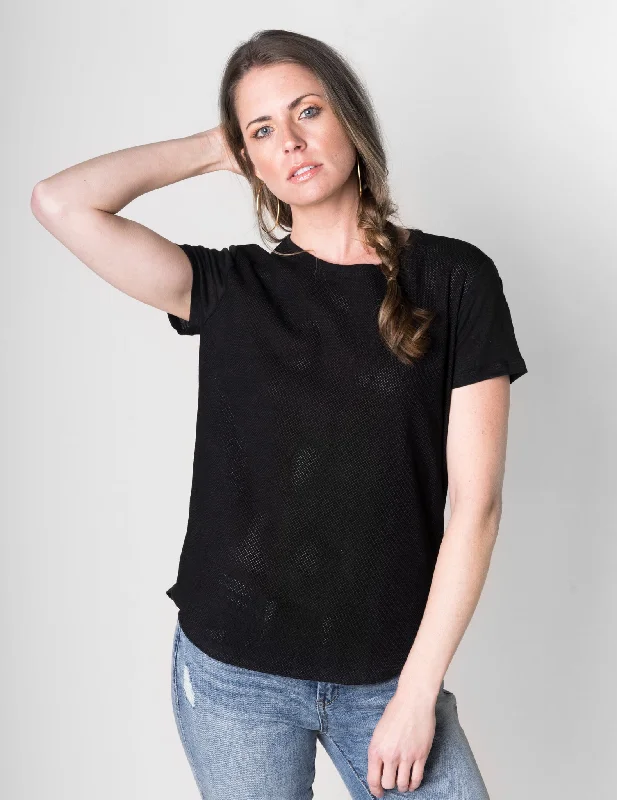 Women's Square Neck T-Shirts-Majestic Linen Crewneck Tee W/ Perforated Leather