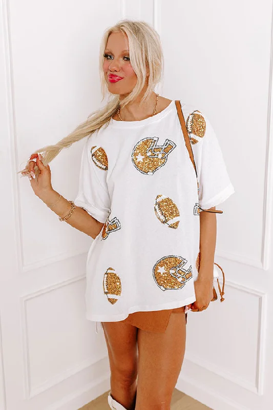 Women's Bold Print T-Shirts-Game Day Charm Sequin Oversized Tee in White