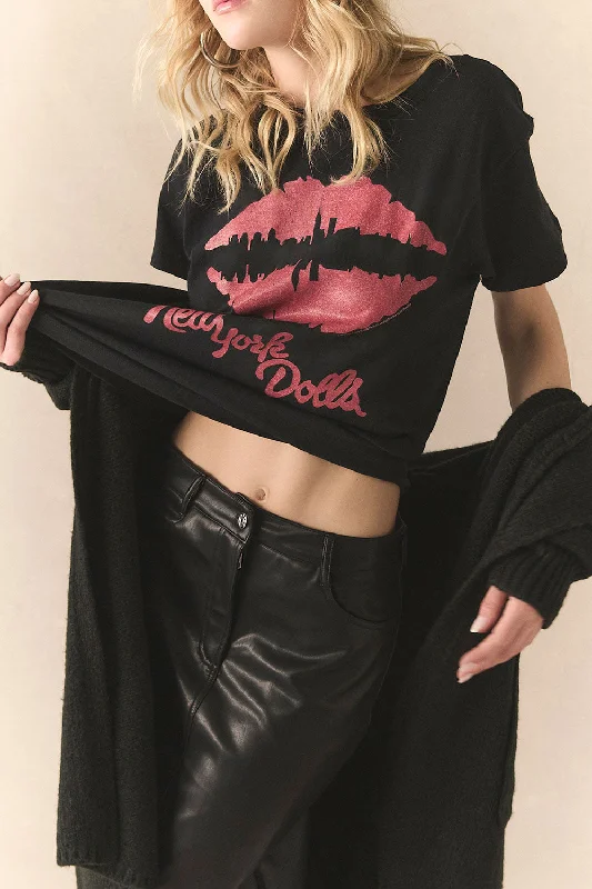 Women's Halter Neck T-Shirts-New York Dolls Lips Skyline Cropped Tee