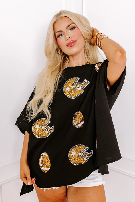 Women's Boat Neck T-Shirts-Game Day Charm Sequin Oversized Tee in Black Curves