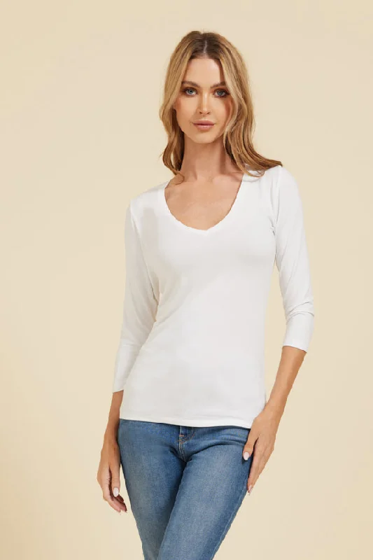 Women's Smocked T-Shirts-Majestic 3/4 Sleeve V-Neck Tee in Blanc