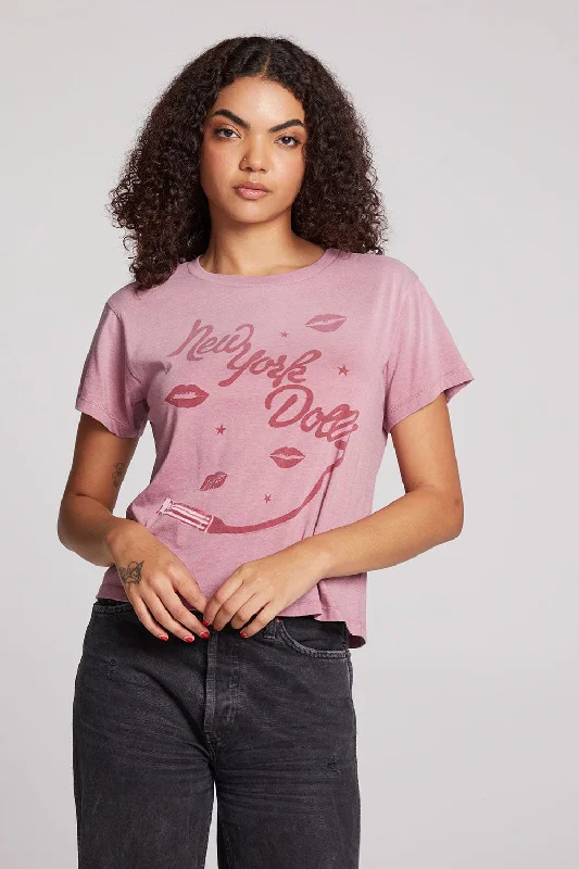 Women's Frill Detail T-Shirts-New York Dolls Script Logo Crewneck Tee