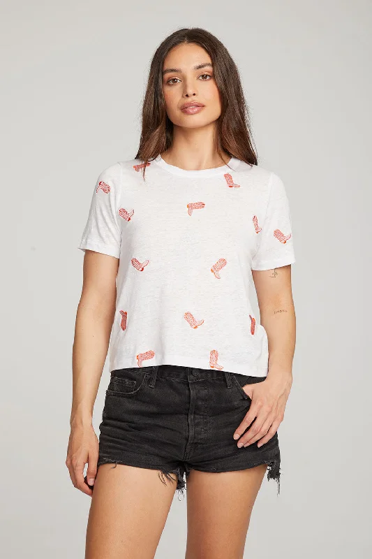 Women's Bow Detail T-Shirts-Allover Cowboy Boot Tee