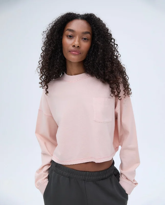 Women's Relaxed Fit T-Shirts-Long Sleeve Pocket T-shirt - Blush Pink