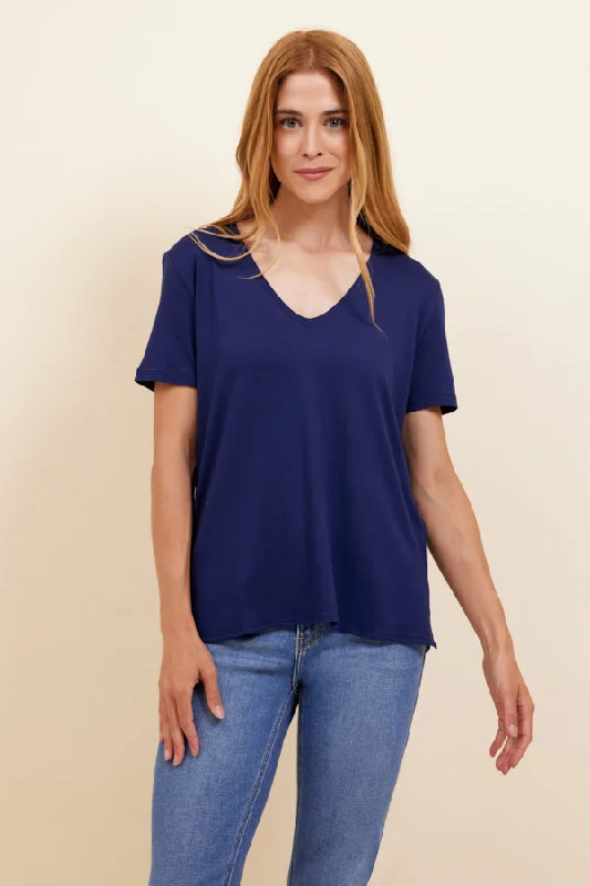 Women's Studded T-Shirts-Majestic Soft Touch Semi Relaxed Short Sleeve V-Neck Tee in Saphir