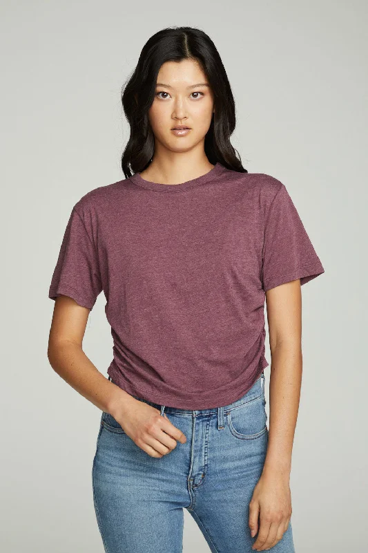 Women's Longline T-Shirts-Short Sleeve Crew Neck Shirred Side Tee