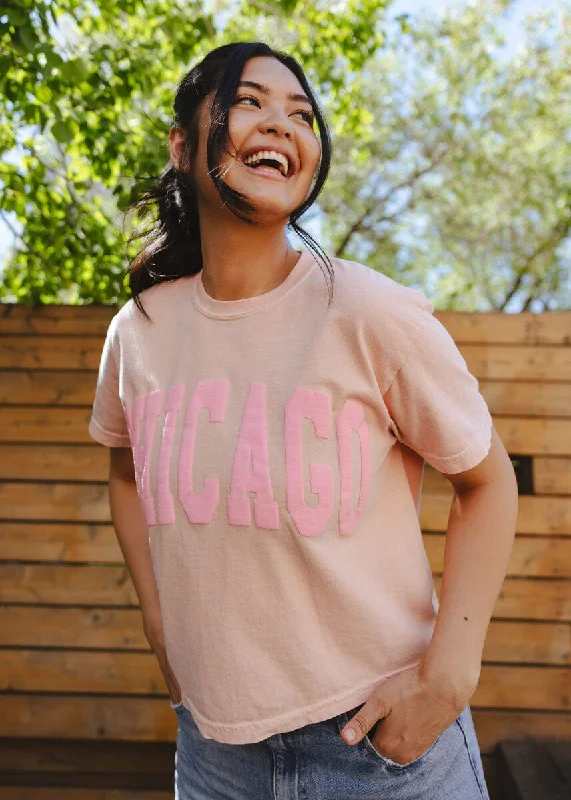 Women's Soft T-Shirts-Chicago Collegiate Puff Crop Tee - Peach & Pink