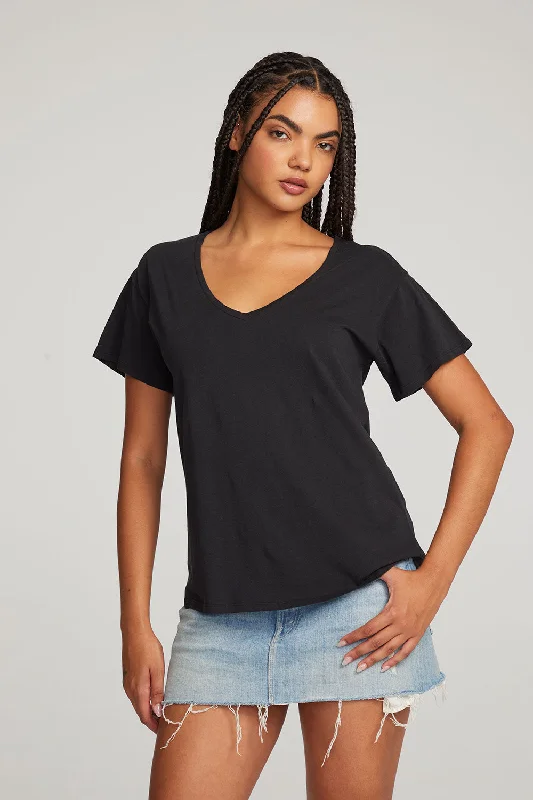 Women's Boho T-Shirts-Everyday Essential Black V-neck Tee