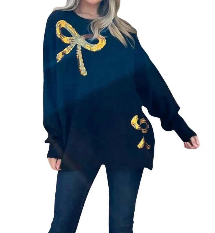 Women's Button Pullovers-Sequin Bow Fuzzy Pullover Sweater In Navy