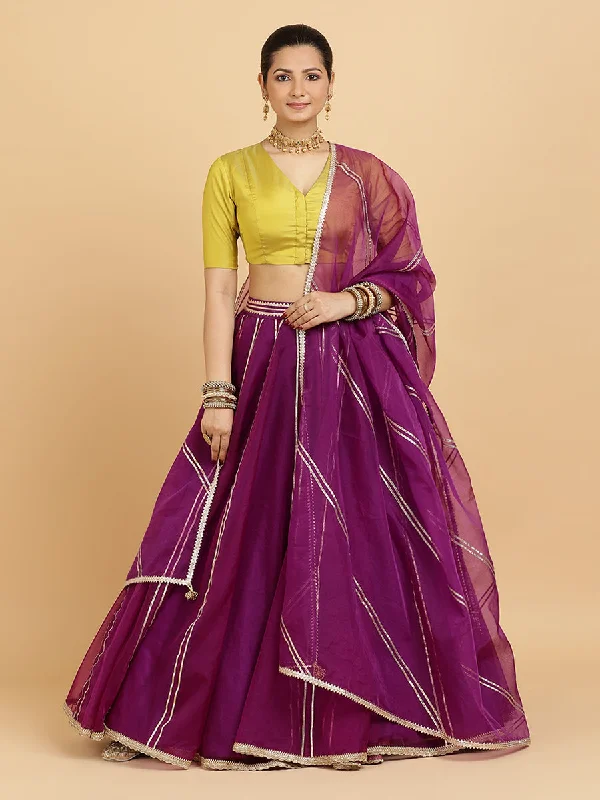 Heer Begum 4-Pc Lehenga Set x Tyohaar | Purple Lehenga, Lemon Yellow Blouse with Falak Purple Dupatta and Cancan Skirt