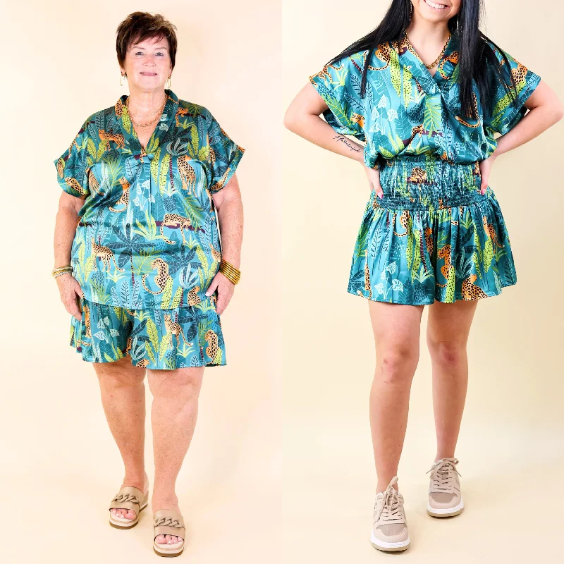 Center of Attention Jungle Print Flowy Shorts in Teal Blue