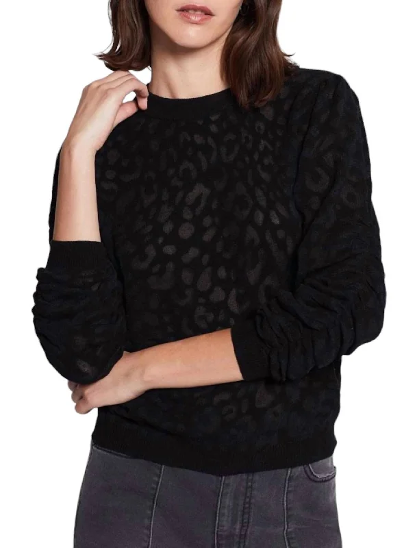 Women's Formal Pullovers-Itana Leopard Burnout Caviar Knit Sweater In Black