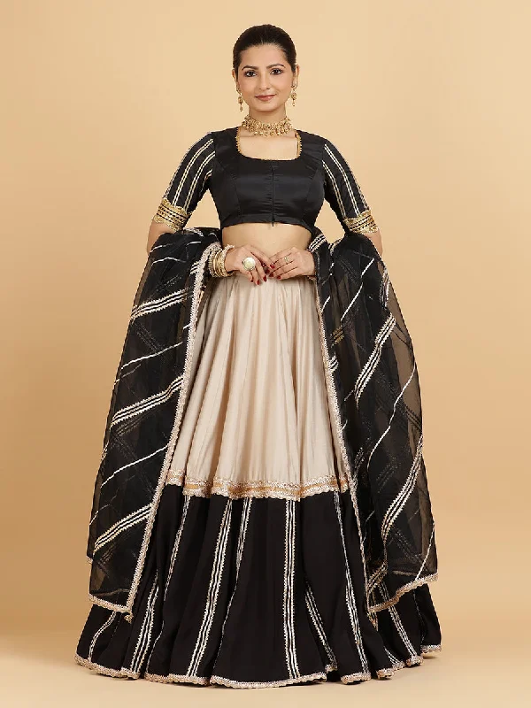 Mastani Aziza 4-Pc Lehenga Set x Tyohaar | Grey Black Colour Blocked Lehenga, Charcoal Black Blouse with Chandni Black Dupatta and Cancan Skirt