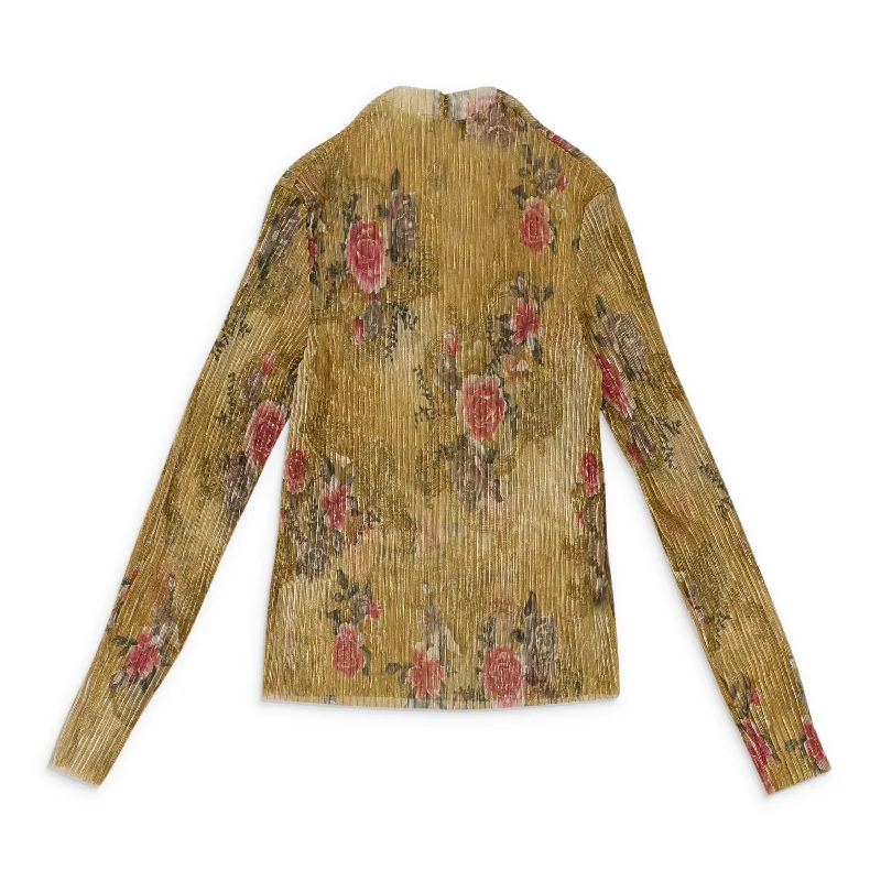 Women's Long Sleeve Pullovers-CALLIPYGIAN FLORAL PLEATED TURTLENECK GOLD SWEATER