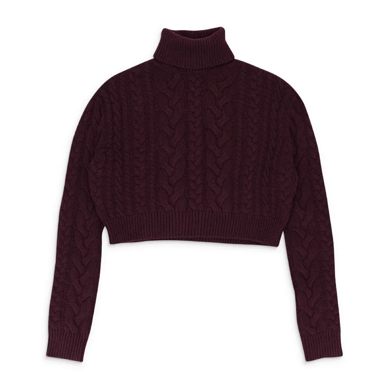 Women's Vacation Pullovers-CABLE KNIT BURGUNDY TURTLENECK SWEATER