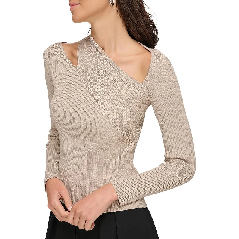 Women's Ribbed Pullovers-Womens Ribbed Knit Cut-Out Pullover Sweater