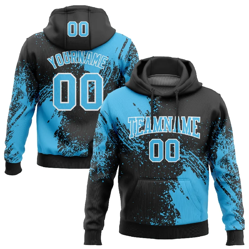 Women's Side Pocket Hoodies-Custom Stitched Black Sky Blue-White 3D Pattern Design Abstract Brush Stroke Sports Pullover Sweatshirt Hoodie