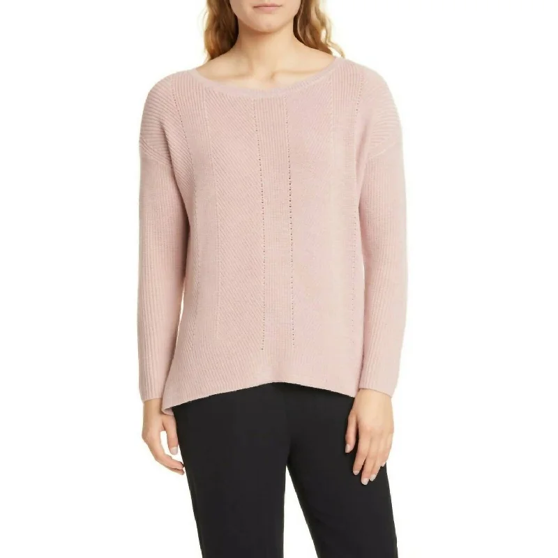 Women's Polka Dot Pullovers-Merino Wool Bateau Neck Rib Knit Sweater In Pink