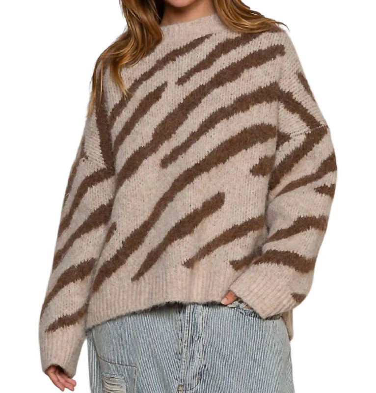 Women's Maxi Denim Pullovers-Faux Mohair Zebra Pattern Sweater In Beige