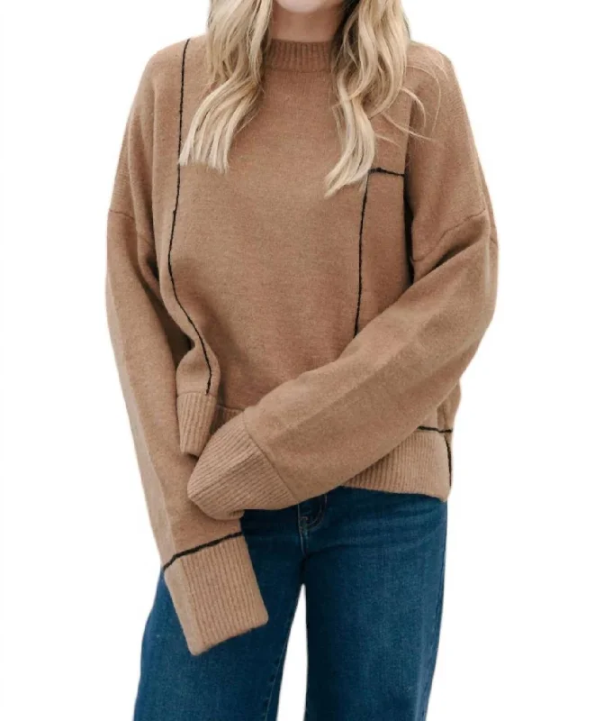 Women's Textured A-Line Pullovers-Grid Pattern Sweater In Mocha