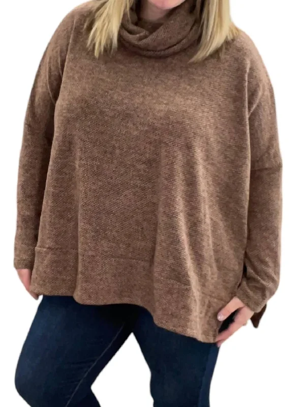 Women's Fringe Denim Pullovers-Turtleneck Sweater In Brown