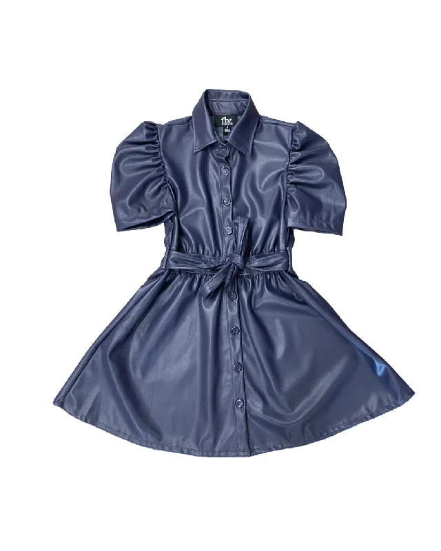 Navy Vegan Leather Puff Sleeve Dress