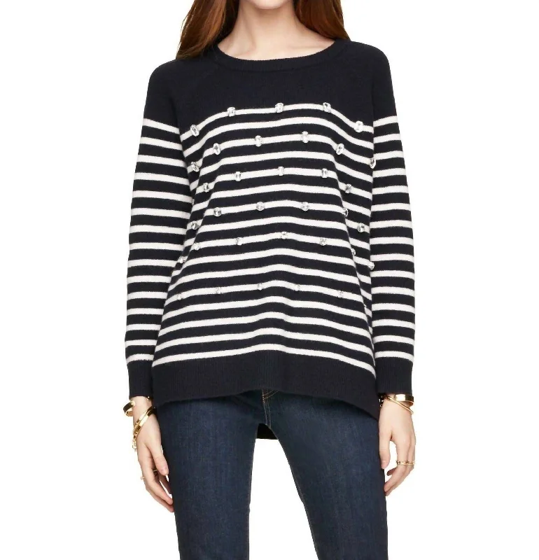 Women's Fringe Pencil Pullovers-Crystal Embellished Stripe Merino Wool Pullover Sweater In Blue