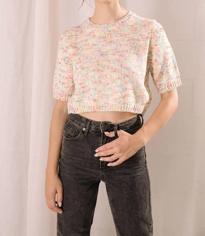 Women's High-Waisted Pencil Pullovers-Speckled Mini Knit Sweater Top In Rainbow