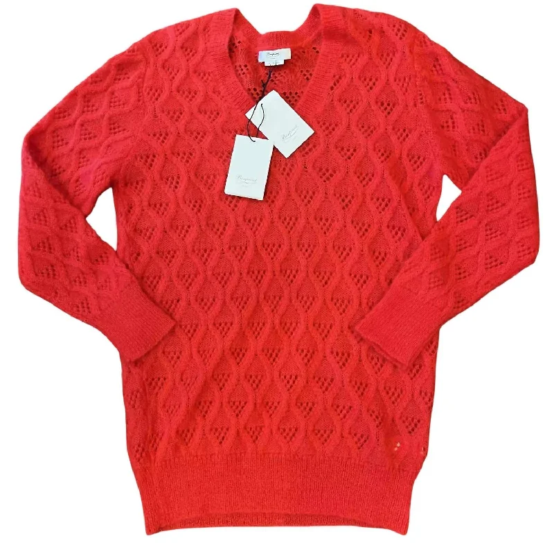 Women's Glitter Pencil Pullovers-Women's Pointelle Mohair Pullover Knit Sweater In Red