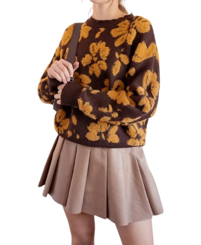 Women's Slit Floral Pullovers-That 70's Flower Sweater In Brown/mustard