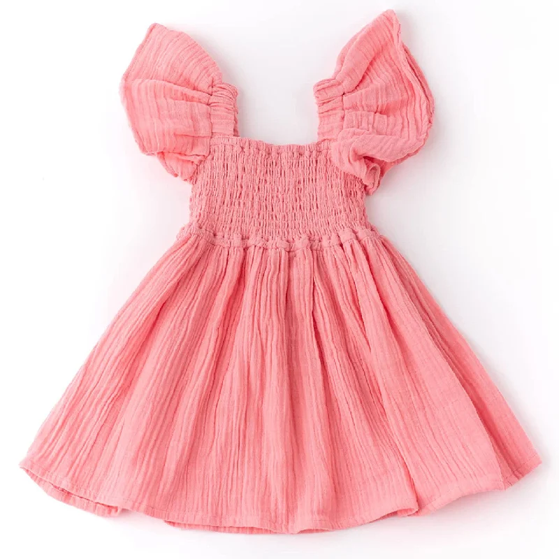 Coral Gauze Smocked Flutter Sleeve Dress