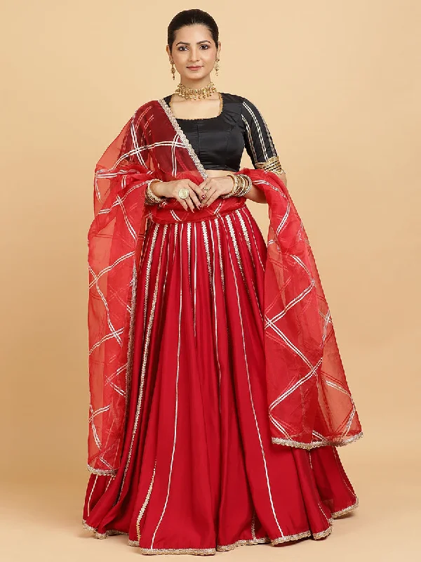 Madhuri Aziza 4-Pc Lehenga Set x Tyohaar | Red Lehenga, Charcoal Black Blouse with Leela Red Dupatta and Cancan Skirt