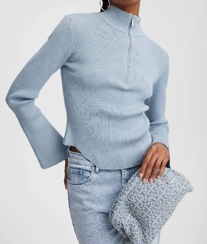 Women's Button-Front Ruffle Pullovers-Yasmia Zip Pullover Sweater In Grey Blue