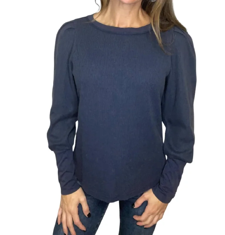 Women's Zip-Up Ruffle Pullovers-Engrid Thermal Top In Washed Navy