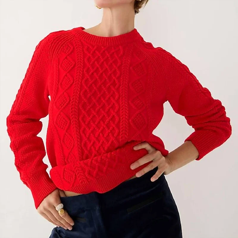 Women's Workout Pullovers-Cotton Cable Knit Sweater In Red